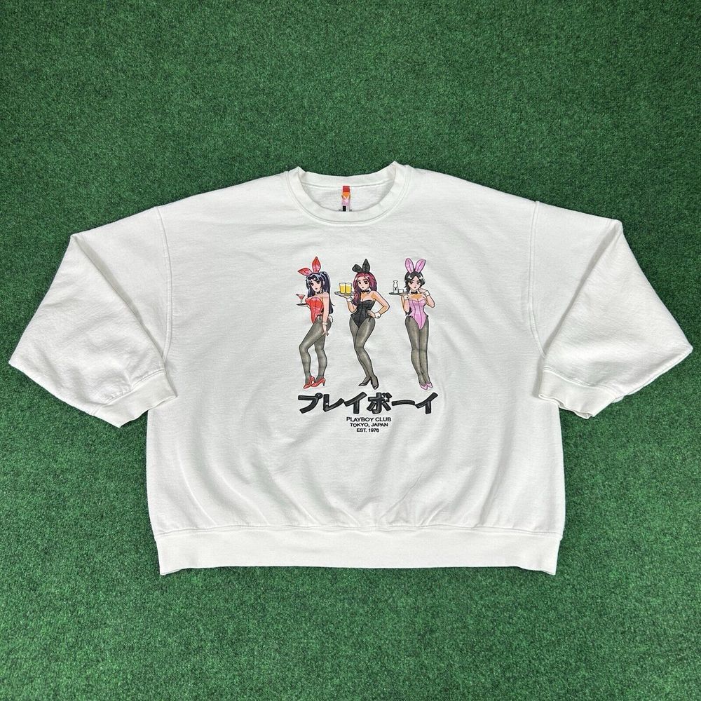 Playboy Tokyo Club Happy Hour Crewneck Sweatshirt White Pullover‎ Mens 2XL XXL - Picture 2 of 9